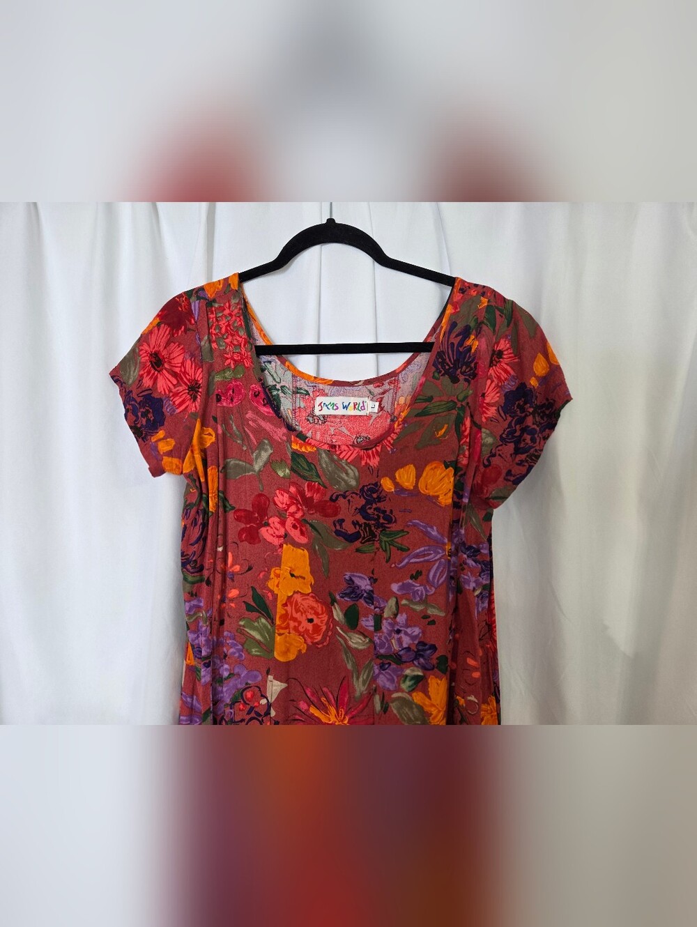 Jams World Redish Floral Scoop Neck Maxi Dress with Orange/Purple Blooms Size L - Picture 3 of 9